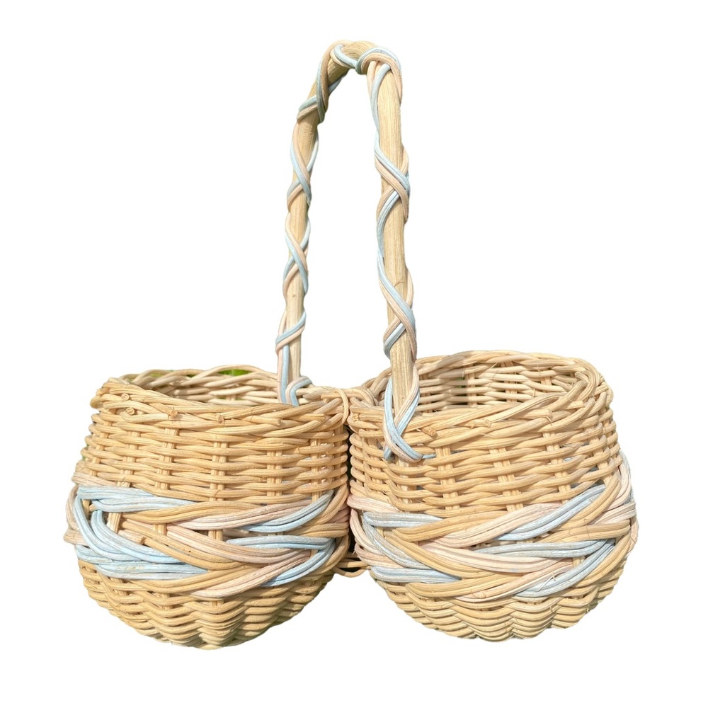 Double Wicker Pastel Basket | Boho Coastal Home Decor Organizer